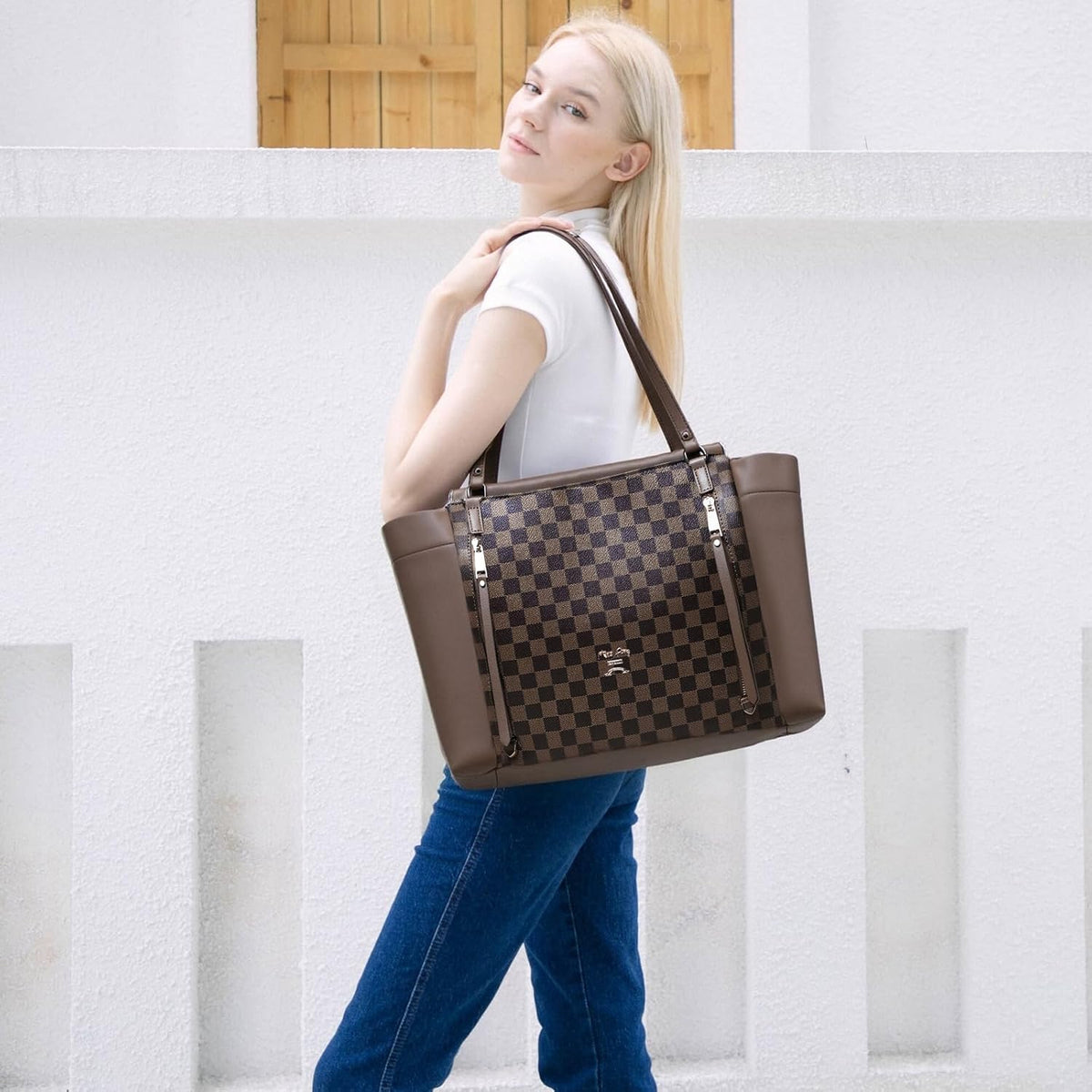 Checkered Diaper Bag Tote Leather Diaper Bag Backpack, Large Capacity Mommy Bag Hospital Bag, 12 Pockets Travel Diaper Tote with Changing Pad for Mom Plaid Tote Bag for Women-Beige&Honey