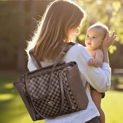 Checkered Diaper Bag Tote Leather Diaper Bag Backpack, Large Capacity Mommy Bag Hospital Bag, 12 Pockets Travel Diaper Tote with Changing Pad for Mom Plaid Tote Bag for Women-Beige&Honey