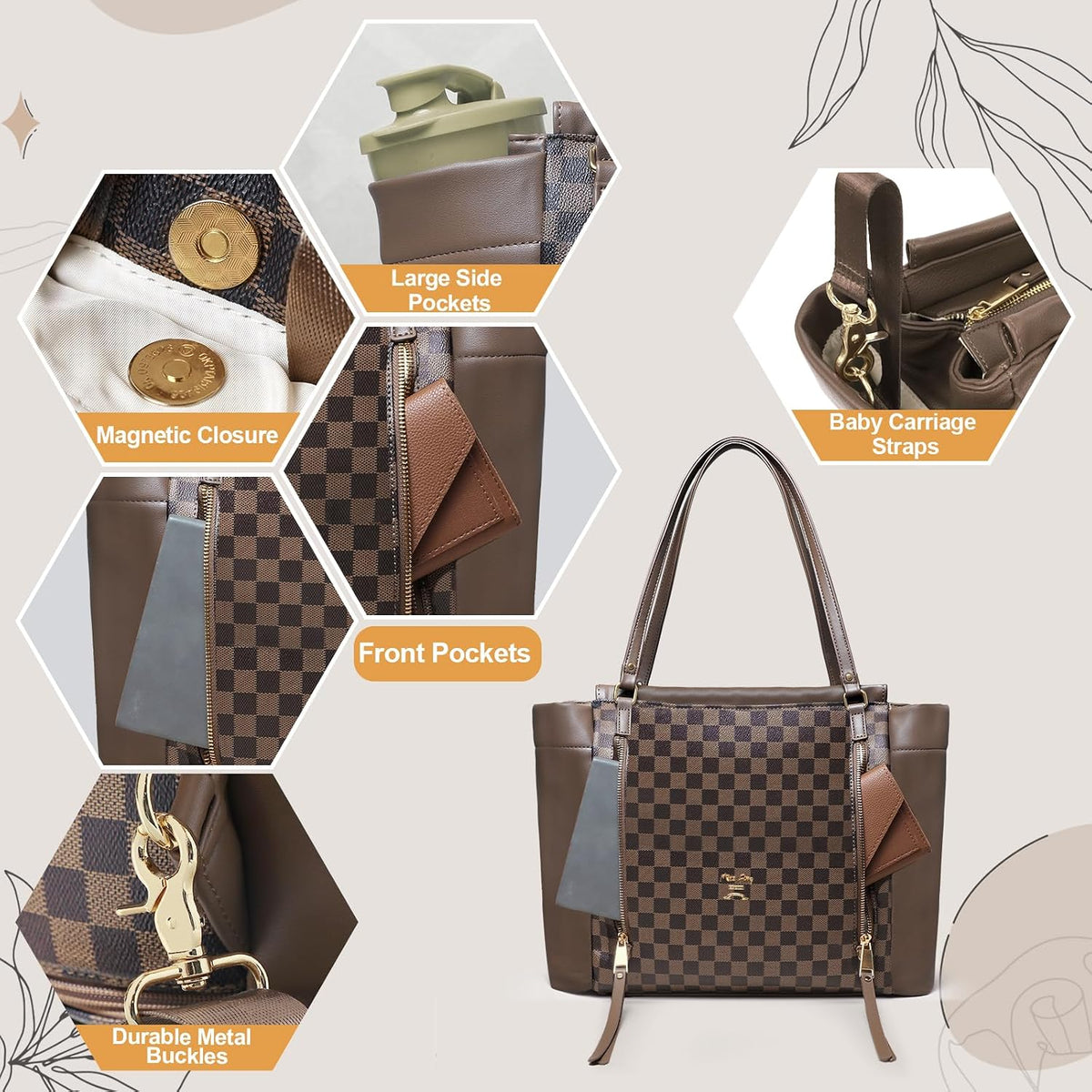 Checkered Diaper Bag Tote Leather Diaper Bag Backpack, Large Capacity Mommy Bag Hospital Bag, 12 Pockets Travel Diaper Tote with Changing Pad for Mom Plaid Tote Bag for Women-Beige&Honey