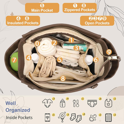 Checkered Diaper Bag Tote Leather Diaper Bag Backpack, Large Capacity Mommy Bag Hospital Bag, 12 Pockets Travel Diaper Tote with Changing Pad for Mom Plaid Tote Bag for Women-Beige&Honey