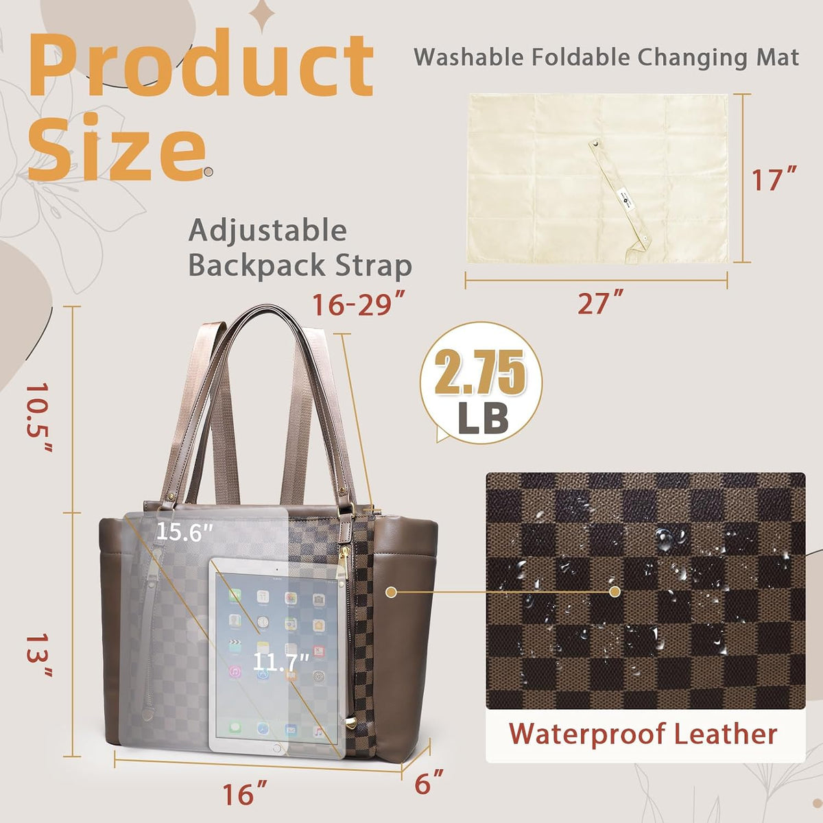 Checkered Diaper Bag Tote Leather Diaper Bag Backpack, Large Capacity Mommy Bag Hospital Bag, 12 Pockets Travel Diaper Tote with Changing Pad for Mom Plaid Tote Bag for Women-Beige&Honey