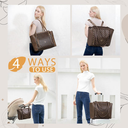 Checkered Diaper Bag Tote Leather Diaper Bag Backpack, Large Capacity Mommy Bag Hospital Bag, 12 Pockets Travel Diaper Tote with Changing Pad for Mom Plaid Tote Bag for Women-Beige&Honey