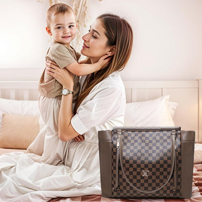 Checkered Diaper Bag Tote Leather Diaper Bag Backpack, Large Capacity Mommy Bag Hospital Bag, 12 Pockets Travel Diaper Tote with Changing Pad for Mom Plaid Tote Bag for Women-Beige&Honey