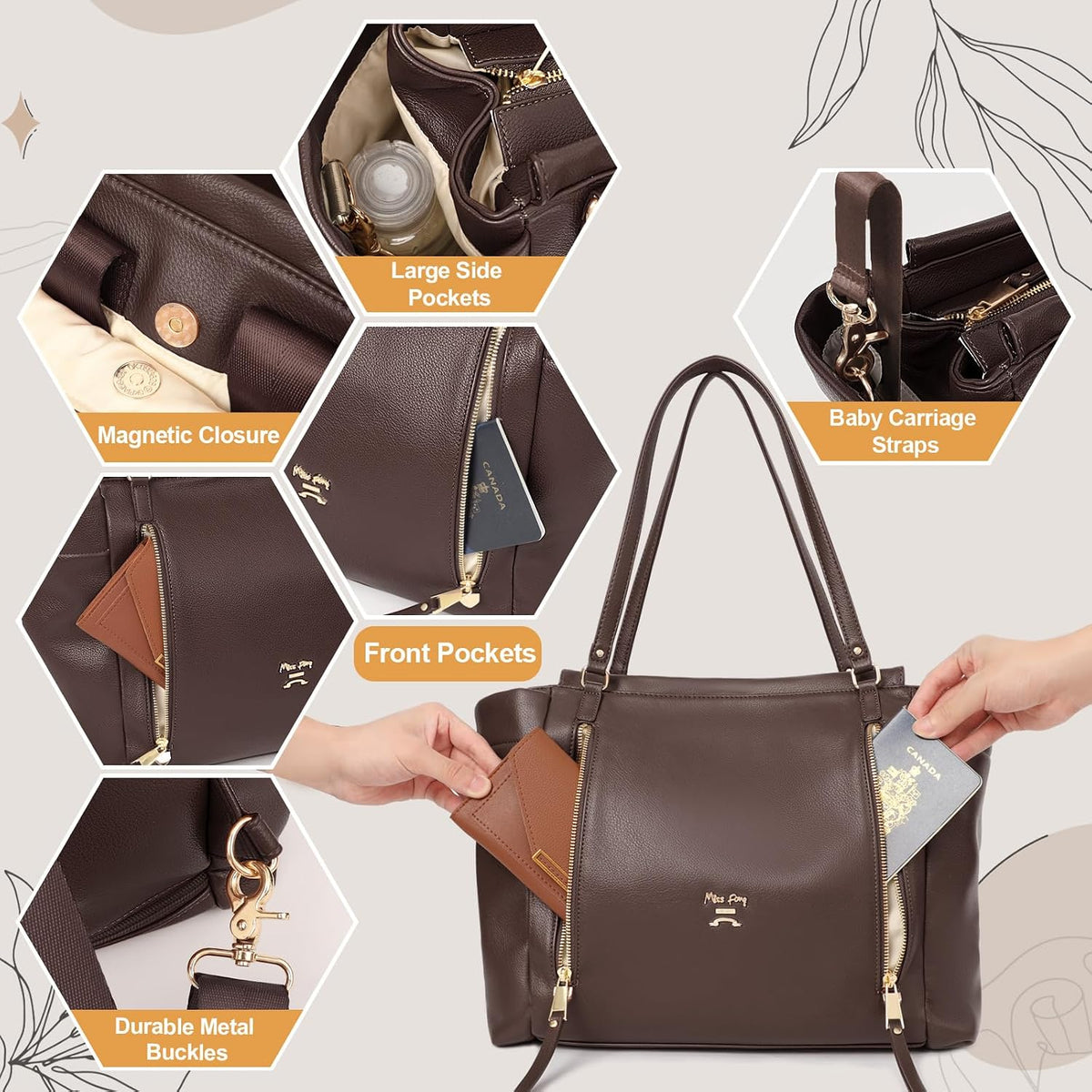 Checkered Diaper Bag Tote Leather Diaper Bag Backpack, Large Capacity Mommy Bag Hospital Bag, 12 Pockets Travel Diaper Tote with Changing Pad for Mom Plaid Tote Bag for Women-Beige&Honey