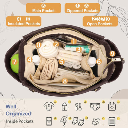 Checkered Diaper Bag Tote Leather Diaper Bag Backpack, Large Capacity Mommy Bag Hospital Bag, 12 Pockets Travel Diaper Tote with Changing Pad for Mom Plaid Tote Bag for Women-Beige&Honey