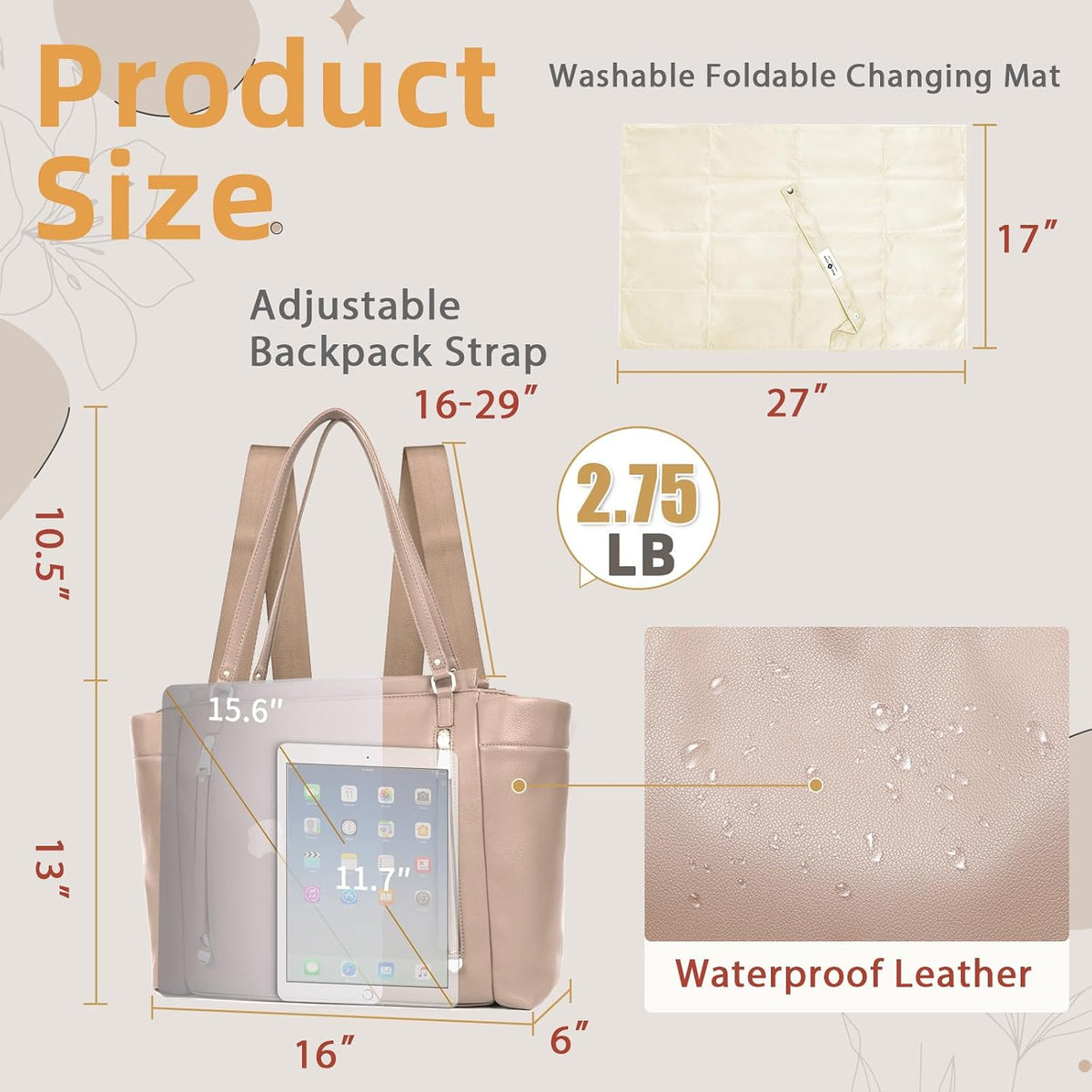 Checkered Diaper Bag Tote Leather Diaper Bag Backpack, Large Capacity Mommy Bag Hospital Bag, 12 Pockets Travel Diaper Tote with Changing Pad for Mom Plaid Tote Bag for Women-Beige&Honey