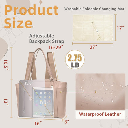 Checkered Diaper Bag Tote Leather Diaper Bag Backpack, Large Capacity Mommy Bag Hospital Bag, 12 Pockets Travel Diaper Tote with Changing Pad for Mom Plaid Tote Bag for Women-Beige&Honey