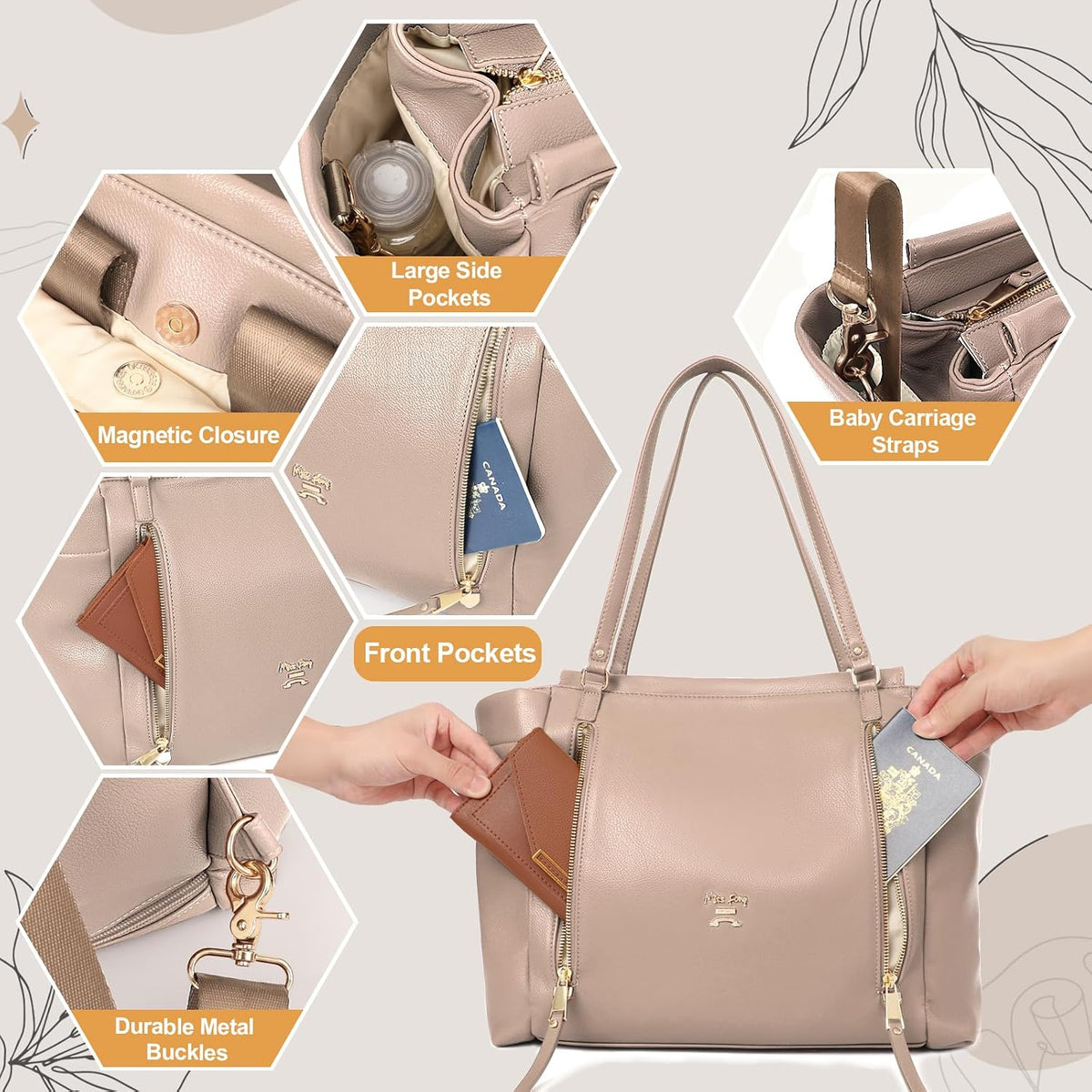 Checkered Diaper Bag Tote Leather Diaper Bag Backpack, Large Capacity Mommy Bag Hospital Bag, 12 Pockets Travel Diaper Tote with Changing Pad for Mom Plaid Tote Bag for Women-Beige&Honey