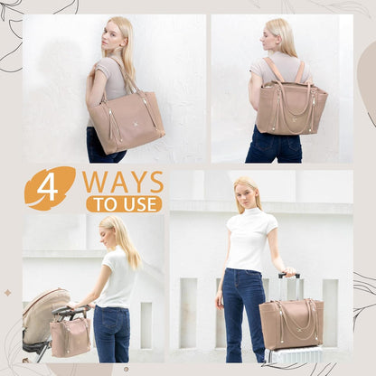 Checkered Diaper Bag Tote Leather Diaper Bag Backpack, Large Capacity Mommy Bag Hospital Bag, 12 Pockets Travel Diaper Tote with Changing Pad for Mom Plaid Tote Bag for Women-Beige&Honey
