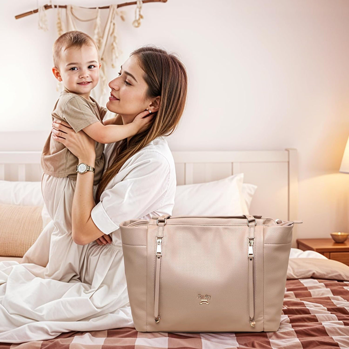 Checkered Diaper Bag Tote Leather Diaper Bag Backpack, Large Capacity Mommy Bag Hospital Bag, 12 Pockets Travel Diaper Tote with Changing Pad for Mom Plaid Tote Bag for Women-Beige&Honey
