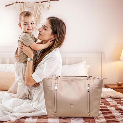 Checkered Diaper Bag Tote Leather Diaper Bag Backpack, Large Capacity Mommy Bag Hospital Bag, 12 Pockets Travel Diaper Tote with Changing Pad for Mom Plaid Tote Bag for Women-Beige&Honey