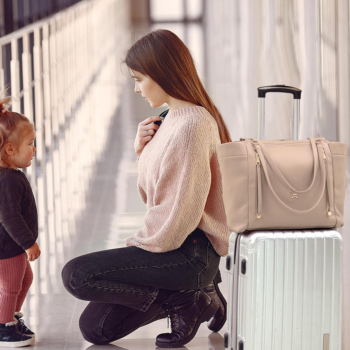 Checkered Diaper Bag Tote Leather Diaper Bag Backpack, Large Capacity Mommy Bag Hospital Bag, 12 Pockets Travel Diaper Tote with Changing Pad for Mom Plaid Tote Bag for Women-Beige&Honey