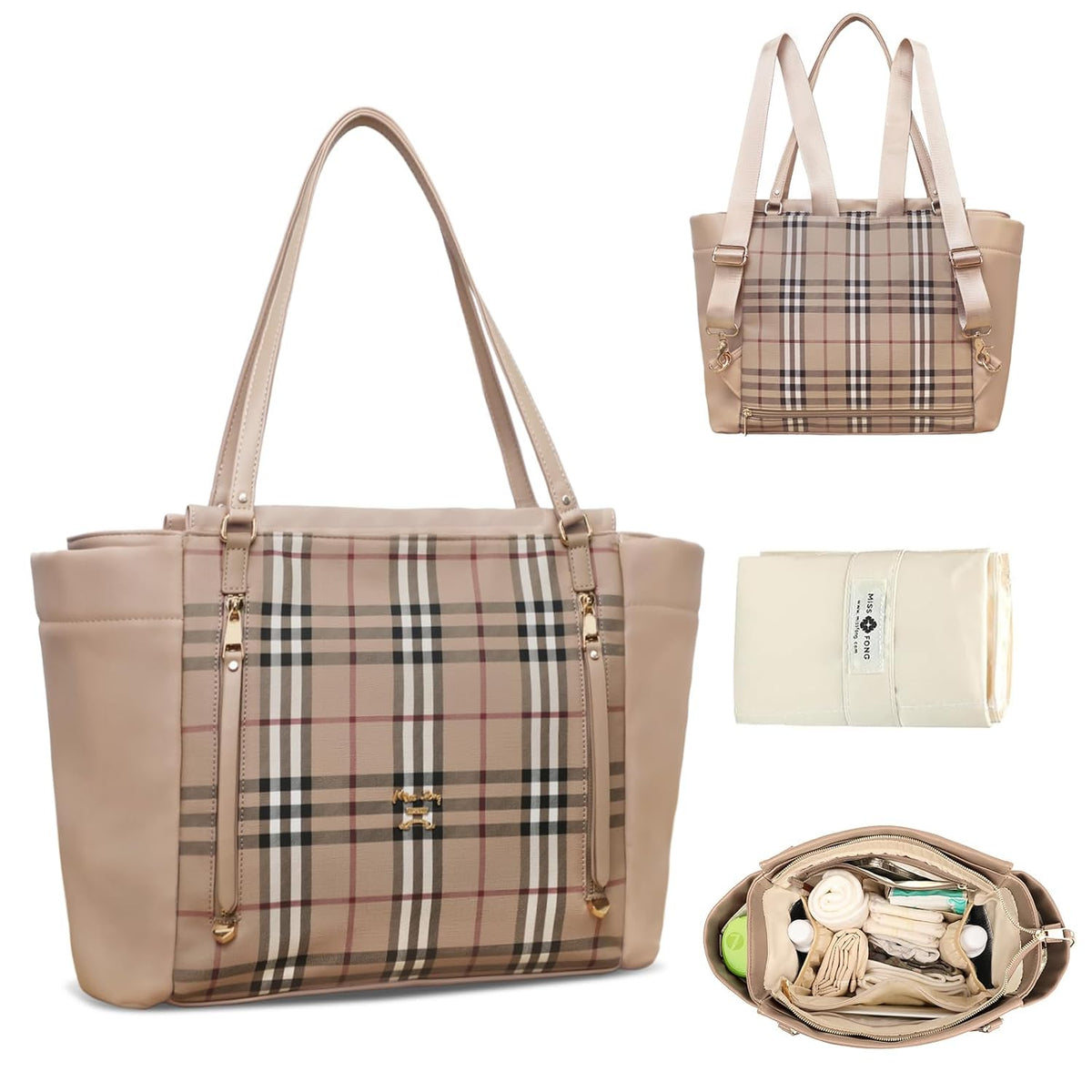 Checkered Diaper Bag Tote Leather Diaper Bag Backpack, Large Capacity Mommy Bag Hospital Bag, 12 Pockets Travel Diaper Tote with Changing Pad for Mom Plaid Tote Bag for Women-Beige&Honey