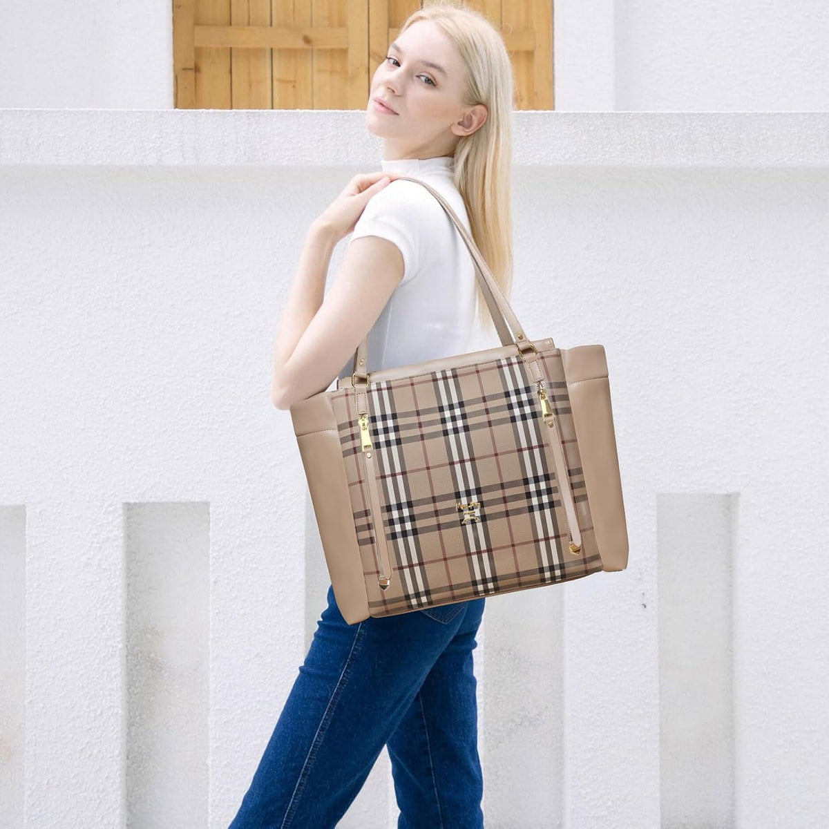 Checkered Diaper Bag Tote Leather Diaper Bag Backpack, Large Capacity Mommy Bag Hospital Bag, 12 Pockets Travel Diaper Tote with Changing Pad for Mom Plaid Tote Bag for Women-Beige&Honey