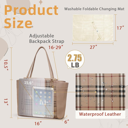 Checkered Diaper Bag Tote Leather Diaper Bag Backpack, Large Capacity Mommy Bag Hospital Bag, 12 Pockets Travel Diaper Tote with Changing Pad for Mom Plaid Tote Bag for Women-Beige&Honey