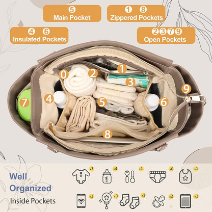 Checkered Diaper Bag Tote Leather Diaper Bag Backpack, Large Capacity Mommy Bag Hospital Bag, 12 Pockets Travel Diaper Tote with Changing Pad for Mom Plaid Tote Bag for Women-Beige&Honey
