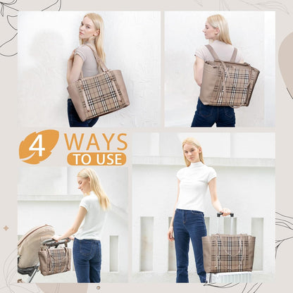 Checkered Diaper Bag Tote Leather Diaper Bag Backpack, Large Capacity Mommy Bag Hospital Bag, 12 Pockets Travel Diaper Tote with Changing Pad for Mom Plaid Tote Bag for Women-Beige&Honey