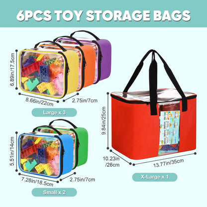 6 Pack Toy Storage Bags, Magnetic Tiles Storage Bag, Reusable Toy Storage Organizer Bag with Visible Top, Travel Bag Case for Bricks, Magnet Building Blocks Tiles, Puzzle, Car Toys, Board Game