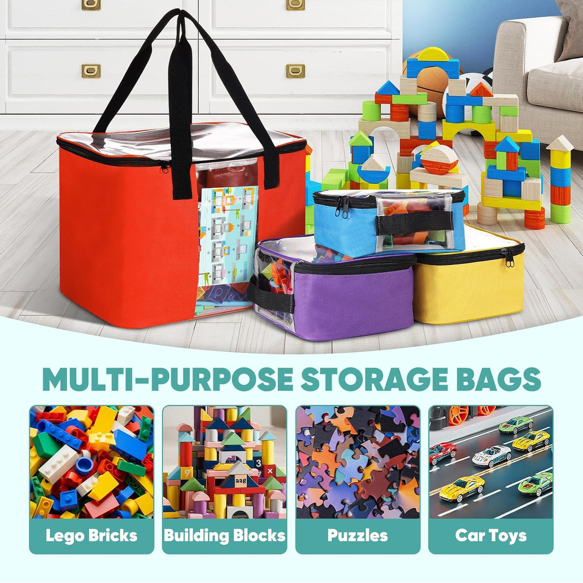 6 Pack Toy Storage Bags, Magnetic Tiles Storage Bag, Reusable Toy Storage Organizer Bag with Visible Top, Travel Bag Case for Bricks, Magnet Building Blocks Tiles, Puzzle, Car Toys, Board Game