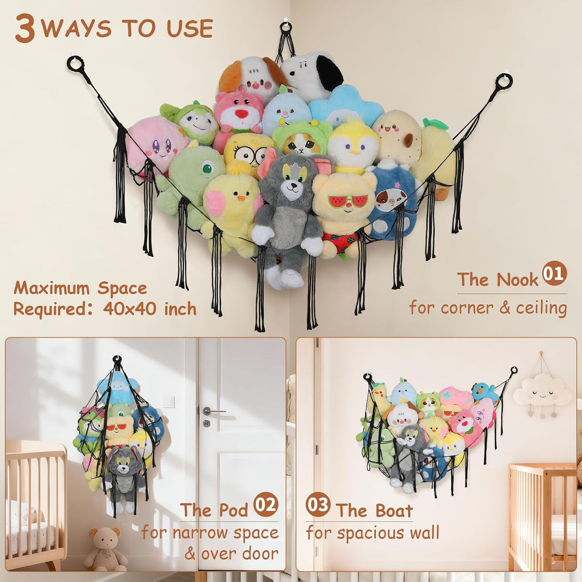 82.7x59x59 Inch Jumbo Stuffed Animal Storage Hammock Corner Toy Net, Cream