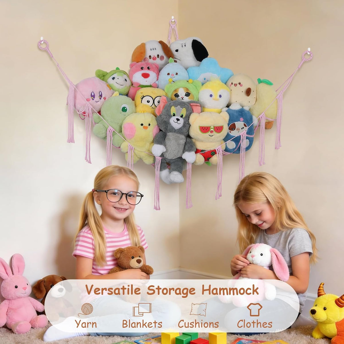 82.7x59x59 Inch Jumbo Stuffed Animal Storage Hammock Corner Toy Net, Cream