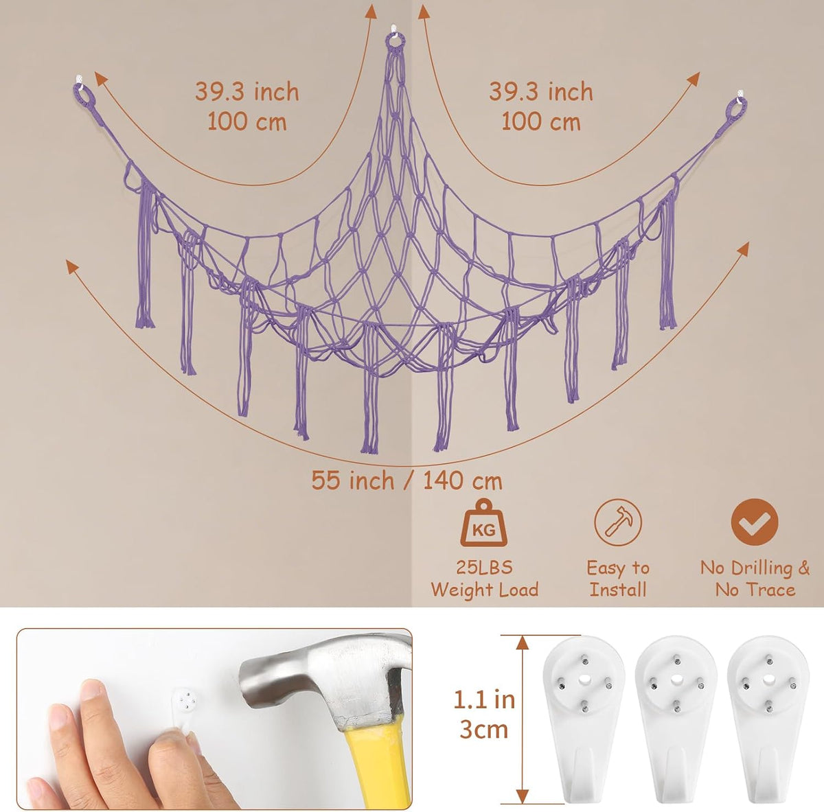 82.7x59x59 Inch Jumbo Stuffed Animal Storage Hammock Corner Toy Net, Cream