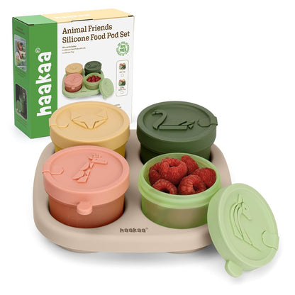 Silicone Baby Food Containers, 4oz/120ml Baby Food Jars with Leakproof Animal Lids and Tray, Freezer-Safe Storage for Homemade Purees, Snacks & Meal Prep, 4 Pack, Oat Tray