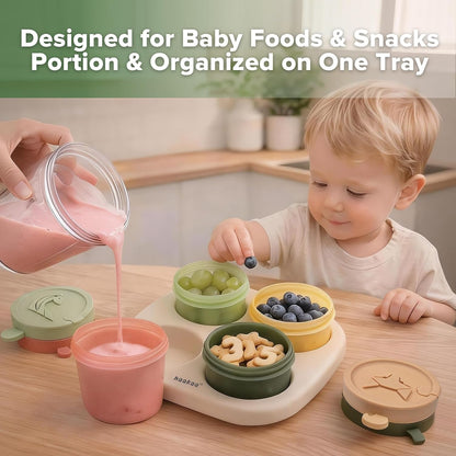 Silicone Baby Food Containers, 4oz/120ml Baby Food Jars with Leakproof Animal Lids and Tray, Freezer-Safe Storage for Homemade Purees, Snacks & Meal Prep, 4 Pack, Oat Tray