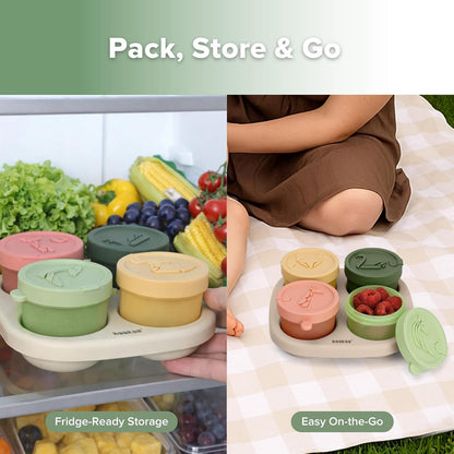 Silicone Baby Food Containers, 4oz/120ml Baby Food Jars with Leakproof Animal Lids and Tray, Freezer-Safe Storage for Homemade Purees, Snacks & Meal Prep, 4 Pack, Oat Tray