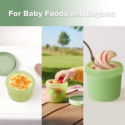 Silicone Baby Food Containers, 4oz/120ml Baby Food Jars with Leakproof Animal Lids and Tray, Freezer-Safe Storage for Homemade Purees, Snacks & Meal Prep, 4 Pack, Oat Tray