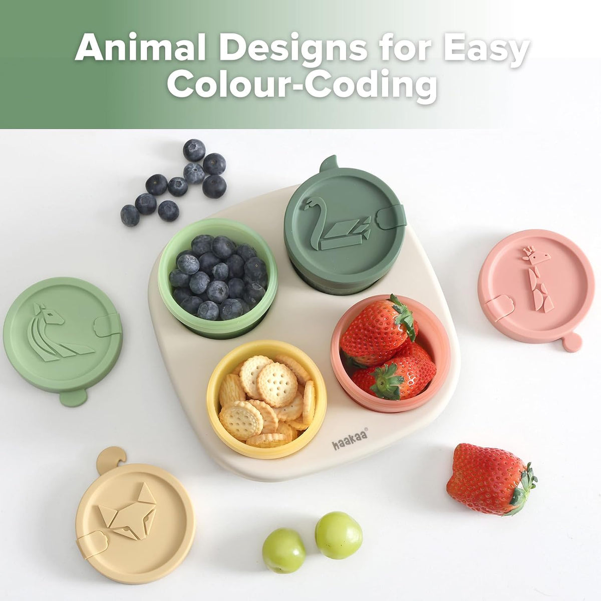 Silicone Baby Food Containers, 4oz/120ml Baby Food Jars with Leakproof Animal Lids and Tray, Freezer-Safe Storage for Homemade Purees, Snacks & Meal Prep, 4 Pack, Oat Tray
