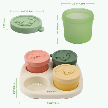 Silicone Baby Food Containers, 4oz/120ml Baby Food Jars with Leakproof Animal Lids and Tray, Freezer-Safe Storage for Homemade Purees, Snacks & Meal Prep, 4 Pack, Oat Tray