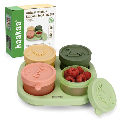 Silicone Baby Food Containers, 4oz/120ml Baby Food Jars with Leakproof Animal Lids and Tray, Freezer-Safe Storage for Homemade Purees, Snacks & Meal Prep, 4 Pack, Oat Tray