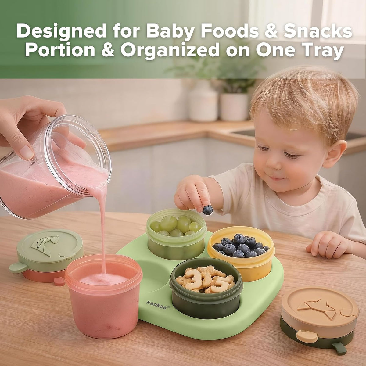 Silicone Baby Food Containers, 4oz/120ml Baby Food Jars with Leakproof Animal Lids and Tray, Freezer-Safe Storage for Homemade Purees, Snacks & Meal Prep, 4 Pack, Oat Tray