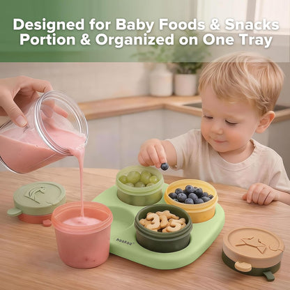 Silicone Baby Food Containers, 4oz/120ml Baby Food Jars with Leakproof Animal Lids and Tray, Freezer-Safe Storage for Homemade Purees, Snacks & Meal Prep, 4 Pack, Oat Tray