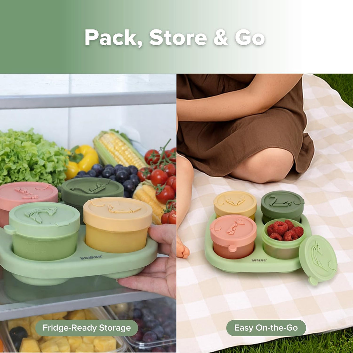 Silicone Baby Food Containers, 4oz/120ml Baby Food Jars with Leakproof Animal Lids and Tray, Freezer-Safe Storage for Homemade Purees, Snacks & Meal Prep, 4 Pack, Oat Tray