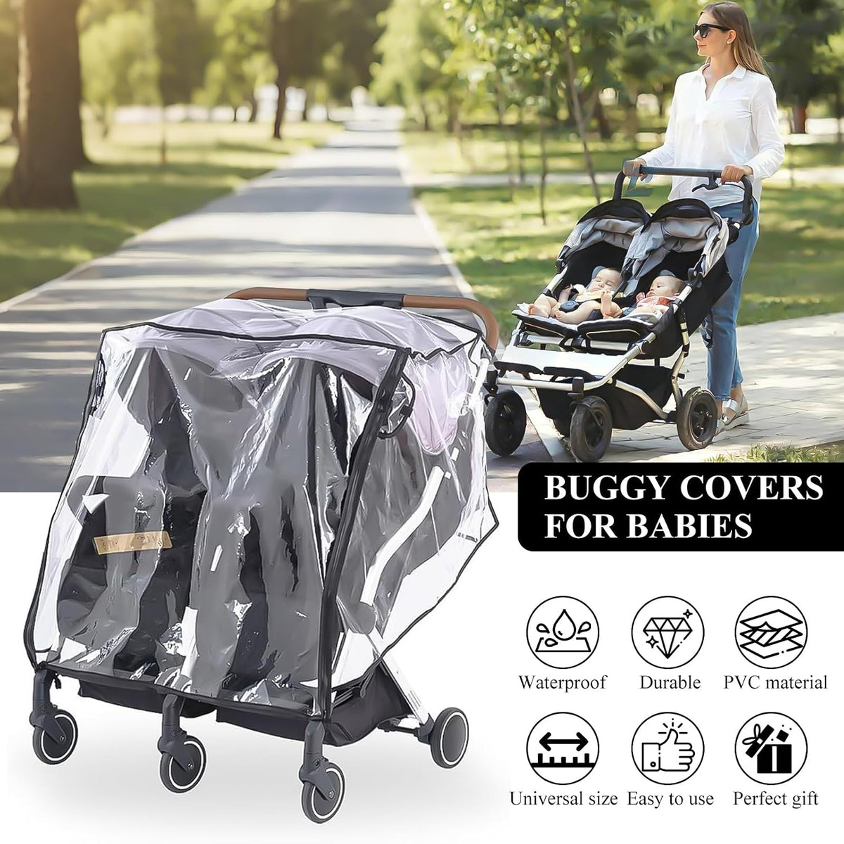Double Stroller Rain Cover,Side by Side Baby Wagon Canopy,Buggy Covers for Babies,Breathable Weather Shield,Waterproof Strollers Canopies,for Outdoor All-Weather Protection from Water/Snow/Dust/Wind