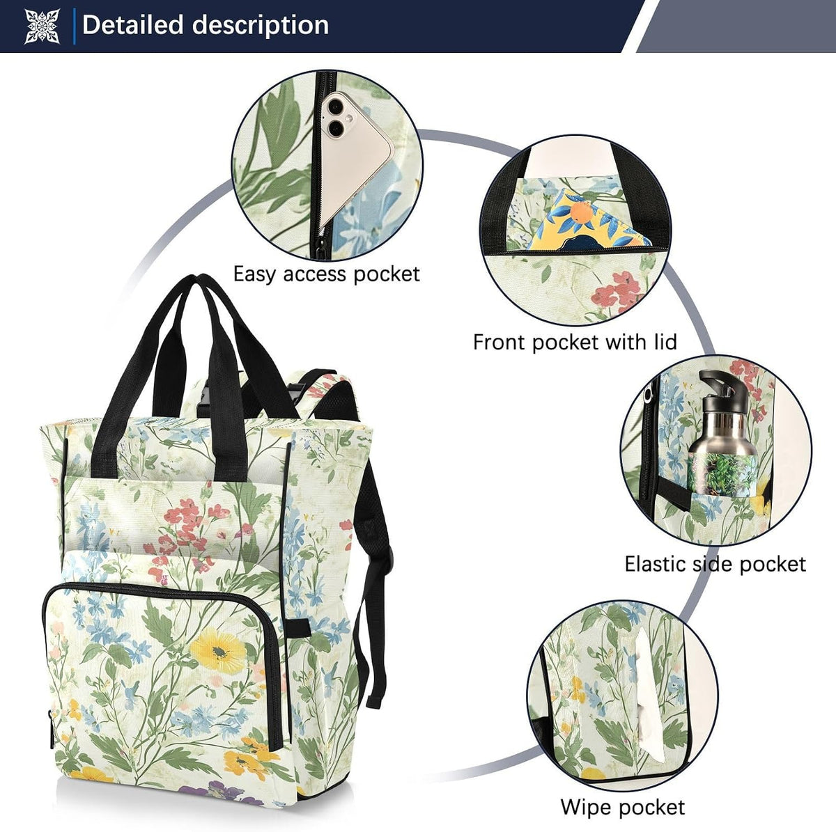 Diaper Bag Backpack, Multifunction Travel Bag for Moms Dads, Baby Changing Bag with Insulted Pockets, Stroller Straps and Side Bottle Pockets Warm Floral Patterns