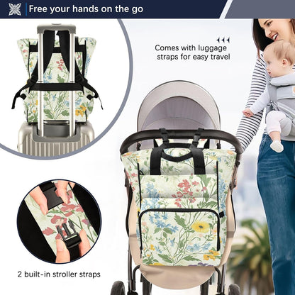 Diaper Bag Backpack, Multifunction Travel Bag for Moms Dads, Baby Changing Bag with Insulted Pockets, Stroller Straps and Side Bottle Pockets Warm Floral Patterns