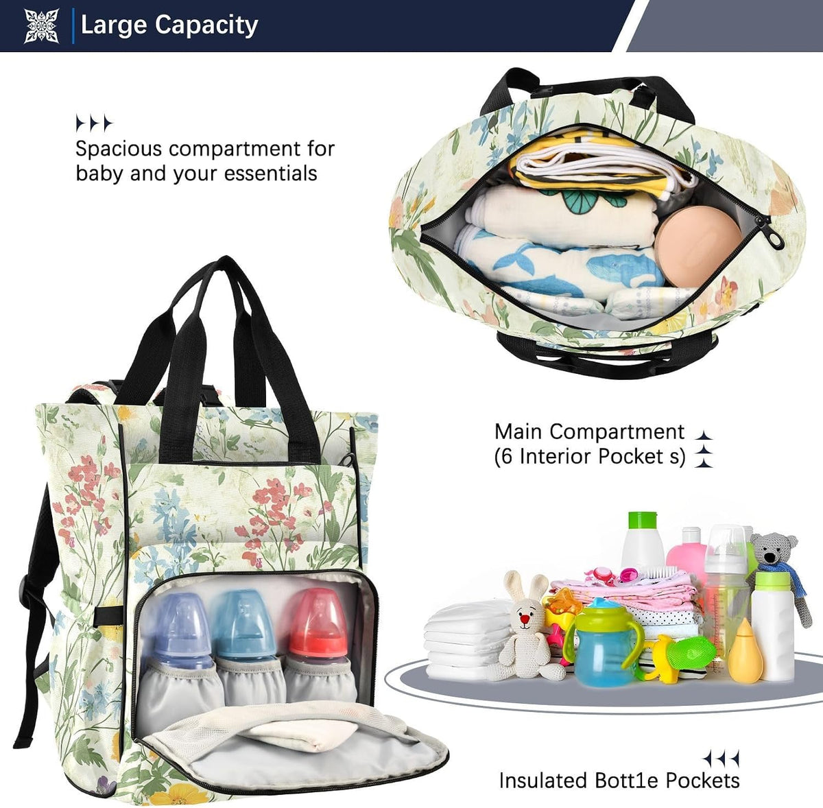 Diaper Bag Backpack, Multifunction Travel Bag for Moms Dads, Baby Changing Bag with Insulted Pockets, Stroller Straps and Side Bottle Pockets Warm Floral Patterns