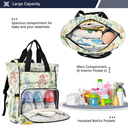 Diaper Bag Backpack, Multifunction Travel Bag for Moms Dads, Baby Changing Bag with Insulted Pockets, Stroller Straps and Side Bottle Pockets Warm Floral Patterns