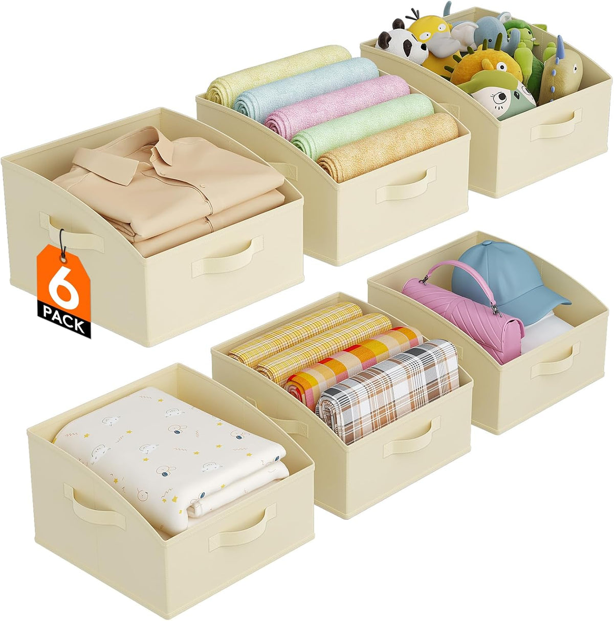 Trapezoid Closet Storage Bin for Shelf, 6 Packs 23L, Beige
