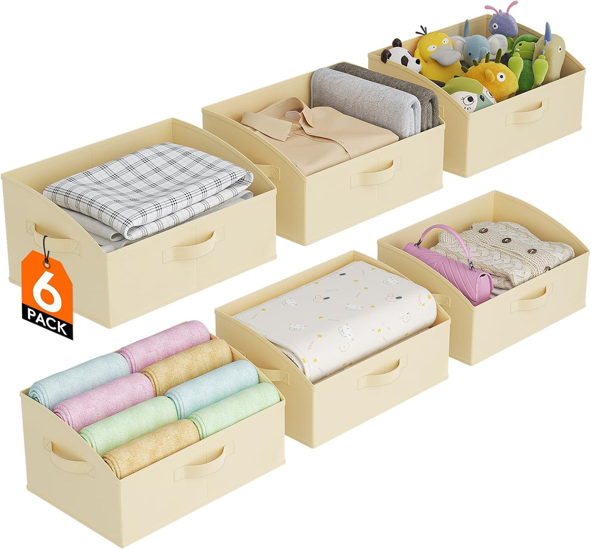 Trapezoid Closet Storage Bin for Shelf, 6 Packs 23L, Beige