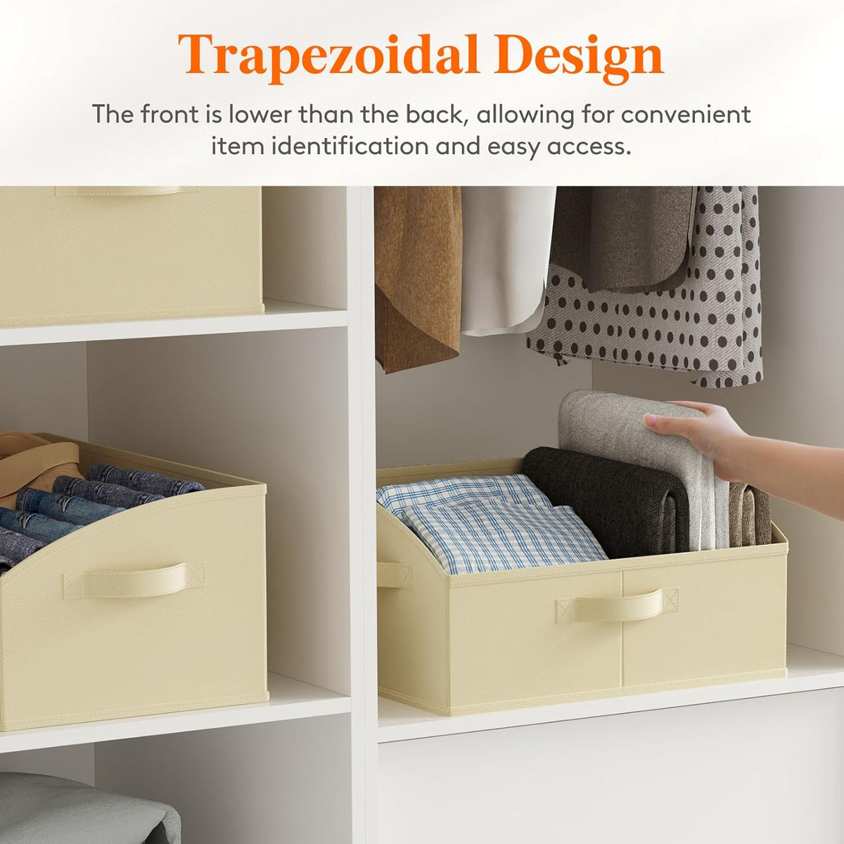 Trapezoid Closet Storage Bin for Shelf, 6 Packs 23L, Beige