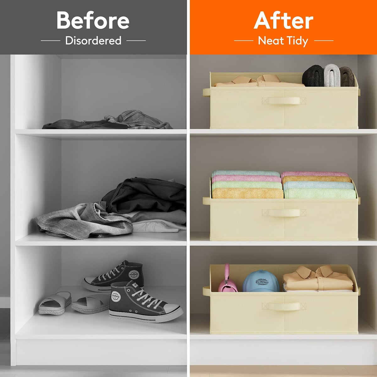 Trapezoid Closet Storage Bin for Shelf, 6 Packs 23L, Beige