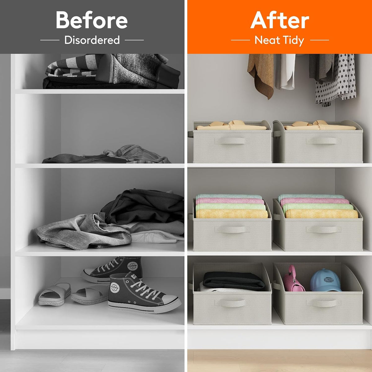 Trapezoid Closet Storage Bin for Shelf, 6 Packs 23L, Beige