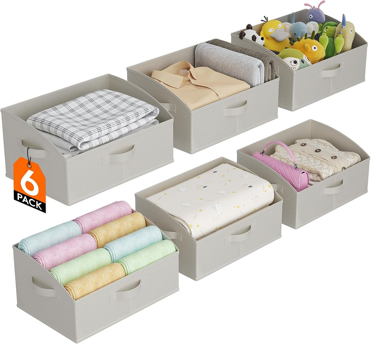 Trapezoid Closet Storage Bin for Shelf, 6 Packs 23L, Beige