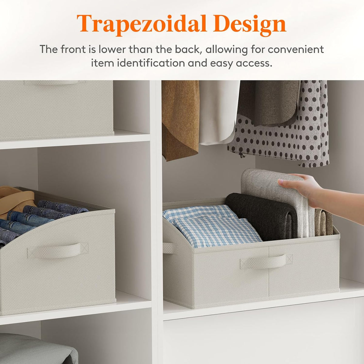 Trapezoid Closet Storage Bin for Shelf, 6 Packs 23L, Beige