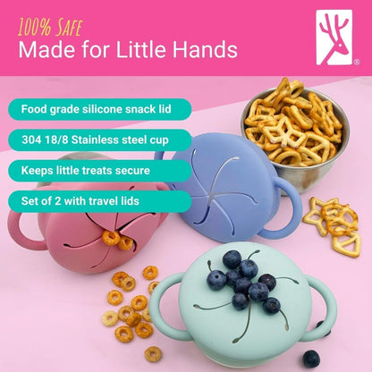 Kids/Toddler Stainless Steel Snack Cups + Travel Lids | 2pk