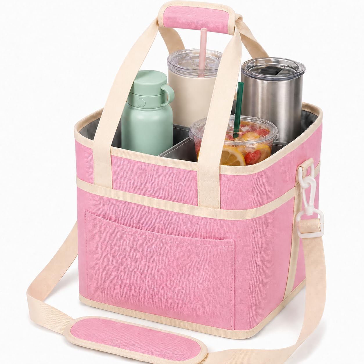Drink Carrier Tote Bag, Water Bottle Holder with Adjustable Strap,4 Compartment Wate Drink Carrier Bag, Multiple Tumbler Holder Caddy for Coffee, Picnic, Office, Travel, Fits 4 Drinks